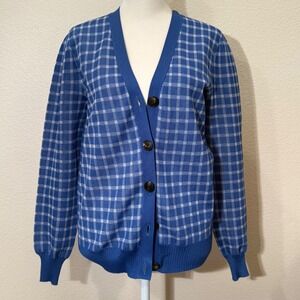 Tory Burch Blue White Plaid V-Neck Button Front Knit Cardigan Sweater Logo